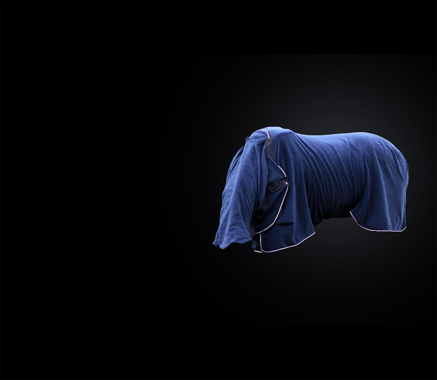 Innovative Horse rug Hocket in blue with a horse having the head down with black background floating